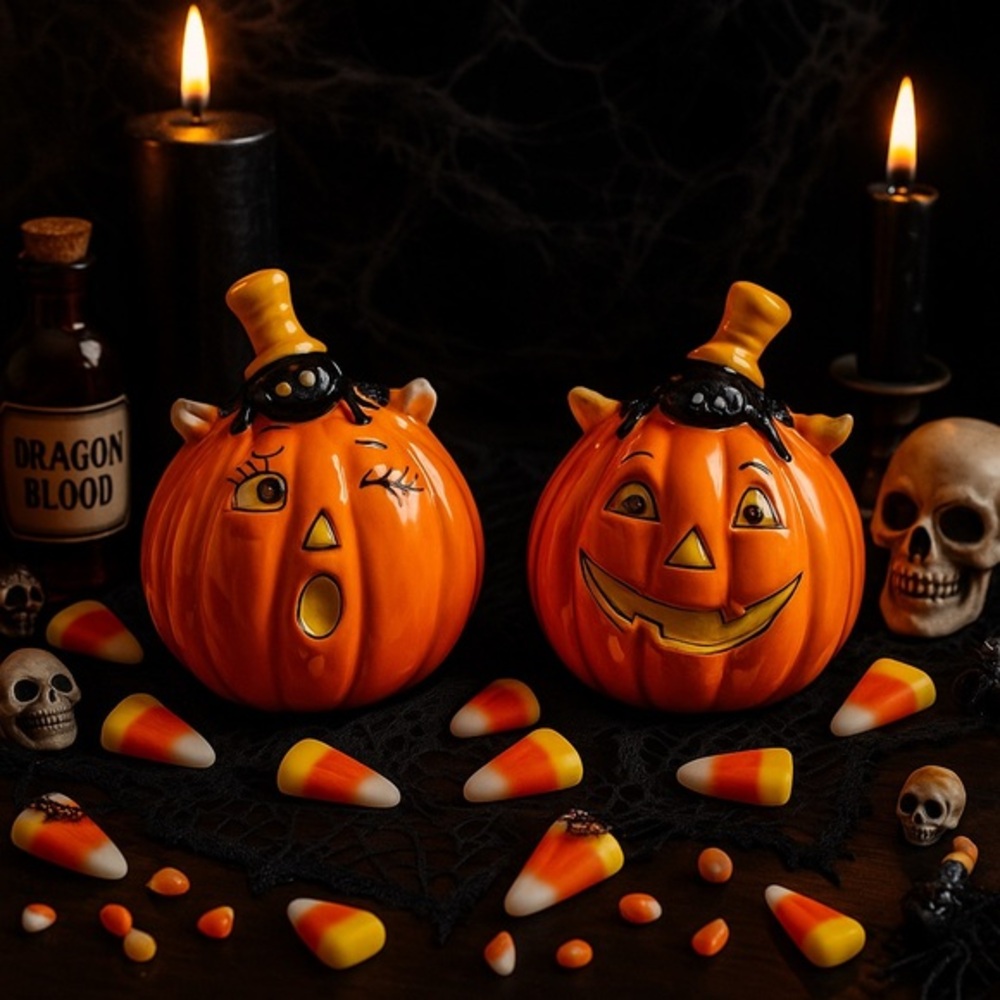 Shelley Comiskey Little Village Halloween Salt And Pepper Shakers NWT​​​​​​​